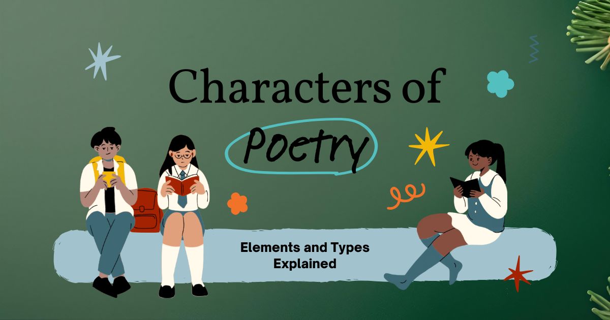 Students reading books illustrating characters of poetry — elements and types explained.