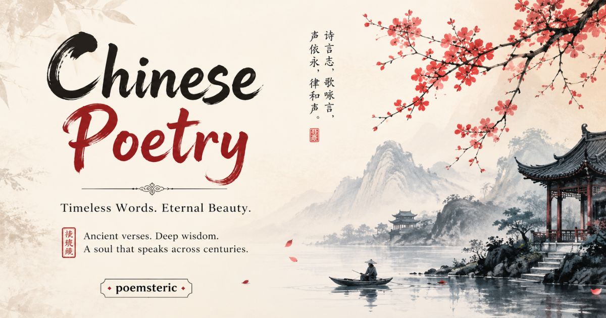 Chinese poetry banner with cherry blossoms, misty mountains, and a river pavilion