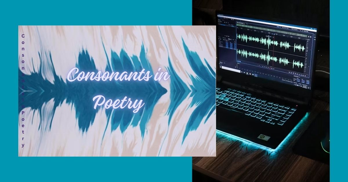 Consonants in poetry title graphic with sound waveform visuals