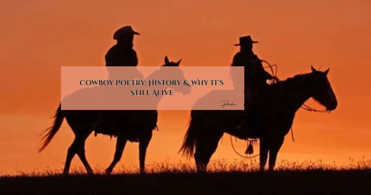 Cowboy poetry silhouette of two riders on horseback at sunset.