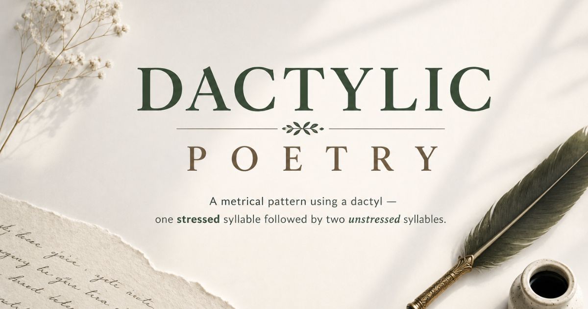 Dactylic poetry definition, a stressed syllable followed by two unstressed syllables, illustrated with quill and parchment.