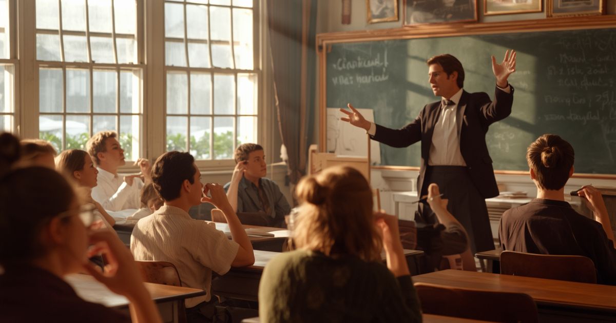 Teacher inspires students in classroom, echoing dead poets society poetry quotes.