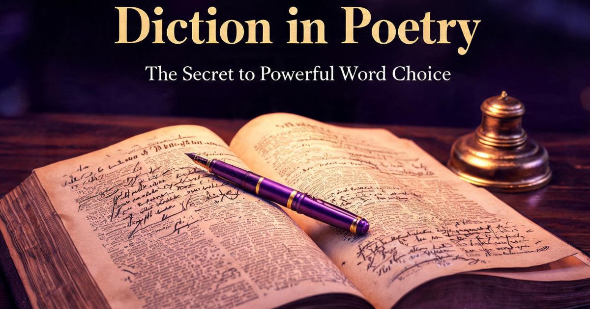 Diction in poetry — the secret to powerful word choice, shown with an annotated book and pen.