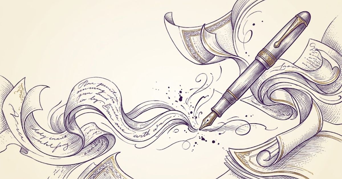 Draw poetry illustration of a fountain pen writing flowing verses.
