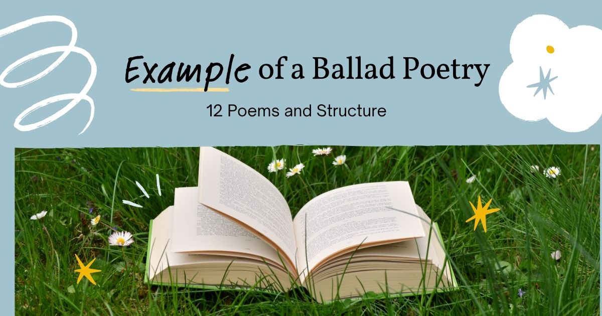 Example of a ballad poetry banner with open book in grass field.