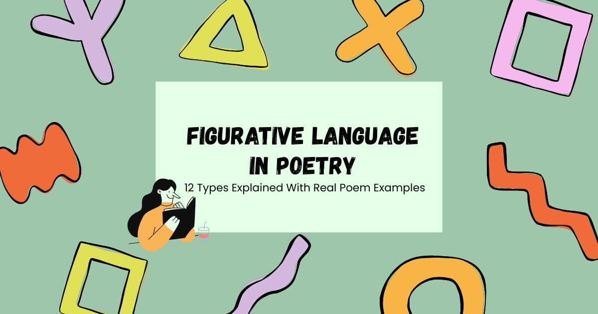 Figurative language in poetry banner with woman reading and colourful shapes