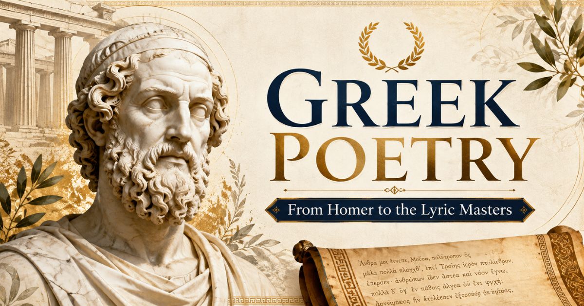 Greek poetry collection cover featuring an ancient Greek poet bust and Homer's Odyssey scroll