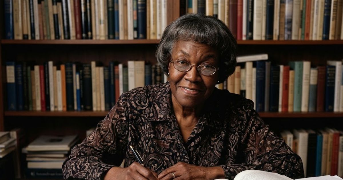 Gwendolyn Brooks poetry portrait, woman writing at a book-lined desk.