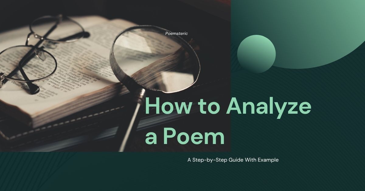 How to analyze a poem step-by-step guide with magnifying glass over open book.