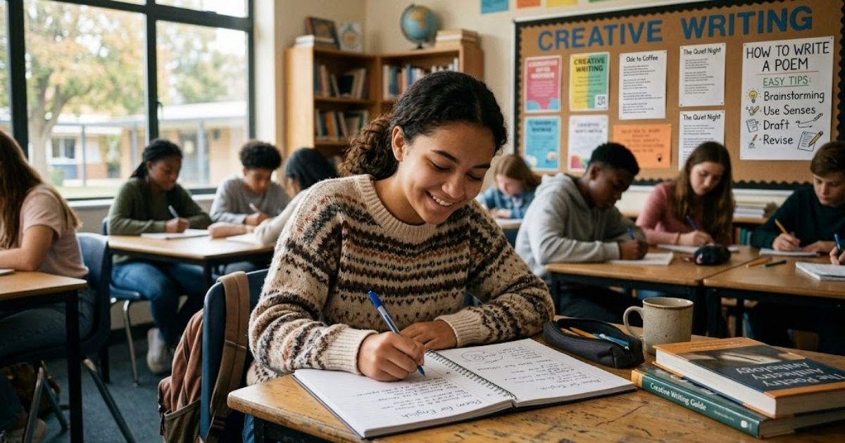 How to write a poem for school – student writing in creative writing class.