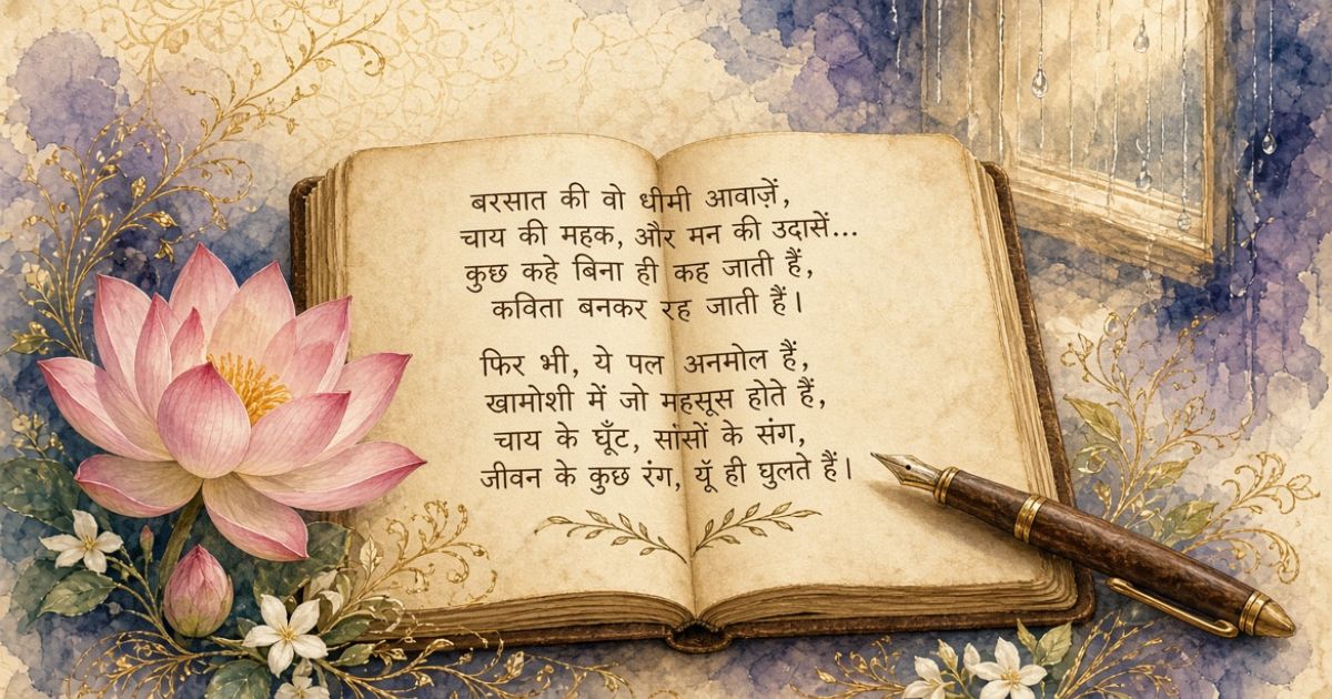 How to write a poem in Hindi open journal with handwritten kavita, lotus flower, and vintage pen.