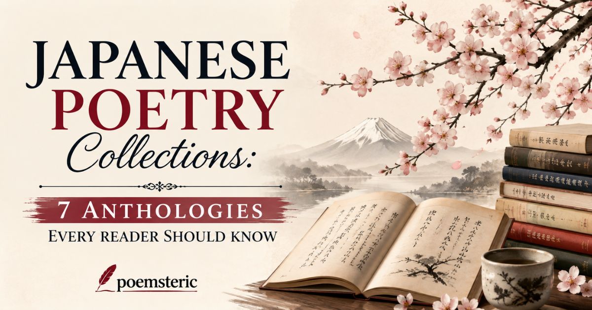 Japanese poetry collections banner with open anthology, book stack, and Mount Fuji