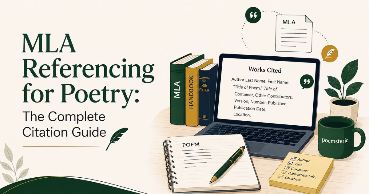 MLA referencing for poetry guide showing a Works Cited example, MLA handbook, and poem notebook