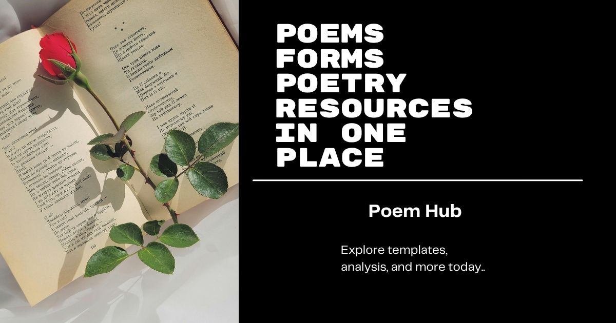 Poem Hub featuring poems, forms, and poetry resources with open book and red rose.