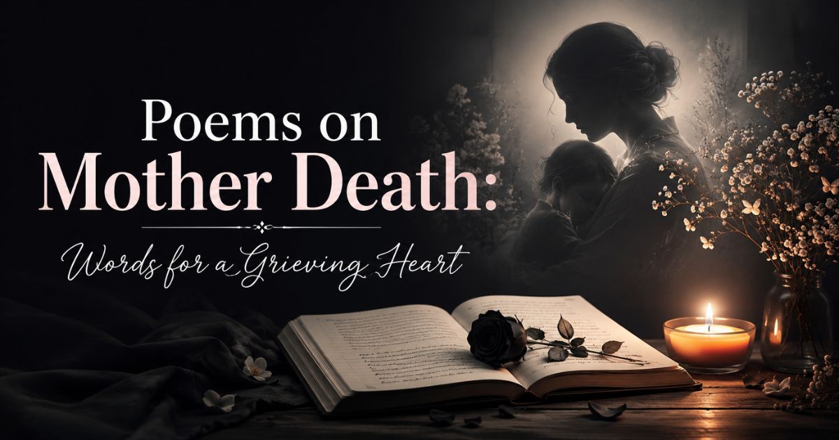 Poems on mother death banner with candlelit book, rose, and silhouetted mother and child.