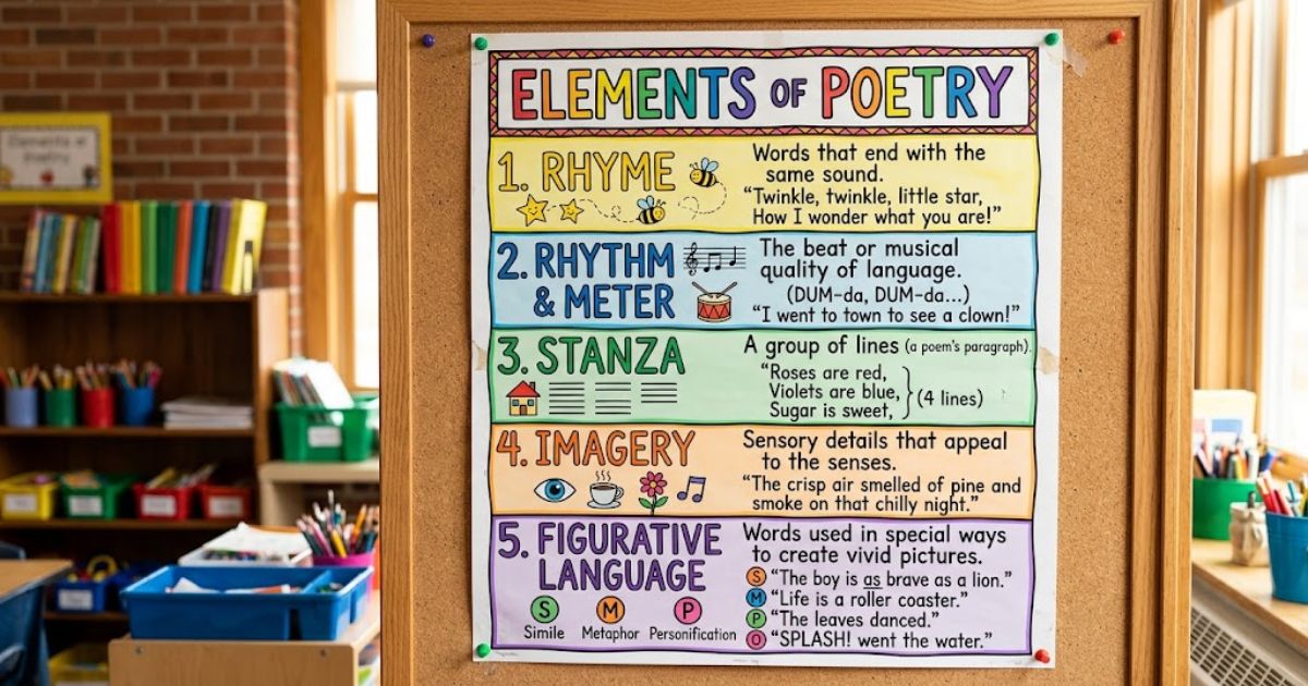Elements of poetry anchor chart showing rhyme, rhythm, stanza, imagery, and figurative language.