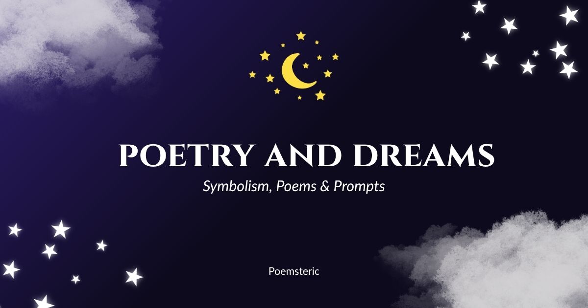 Poetry and dreams symbolism poems and prompts with crescent moon and stars on night sky.