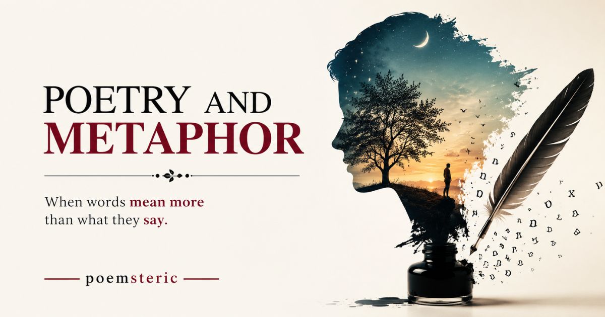 Poetry and Metaphor graphic: silhouette head with sunset scene dissolving into ink and letters