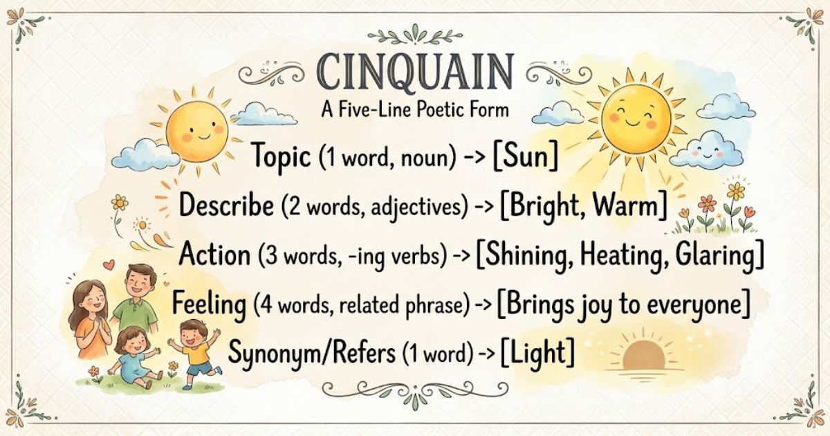 Poetry cinquain examples showing the 5-line didactic structure with "Sun" as the topic