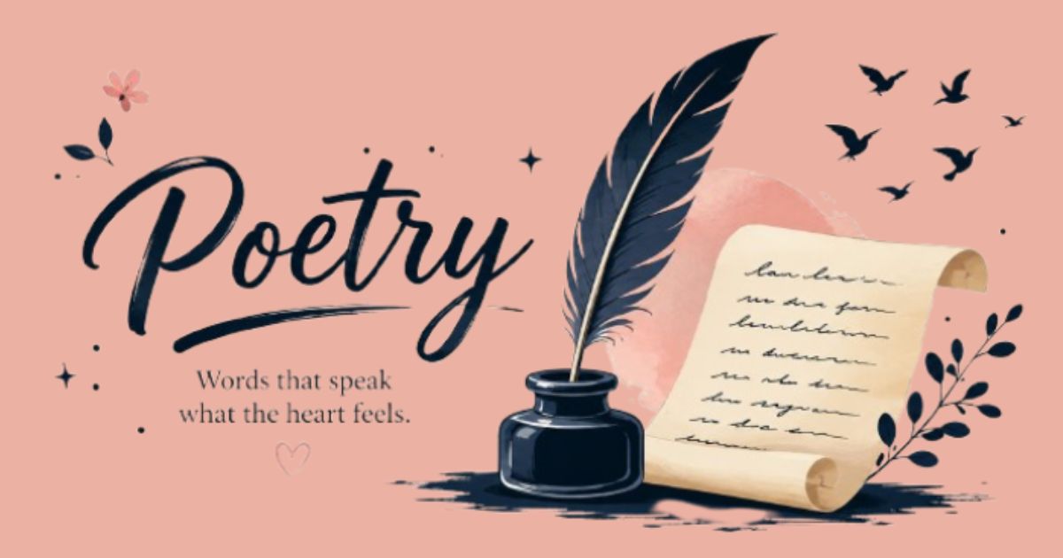 Poetry clipart illustration of a quill, inkwell, and handwritten scroll on pink background
