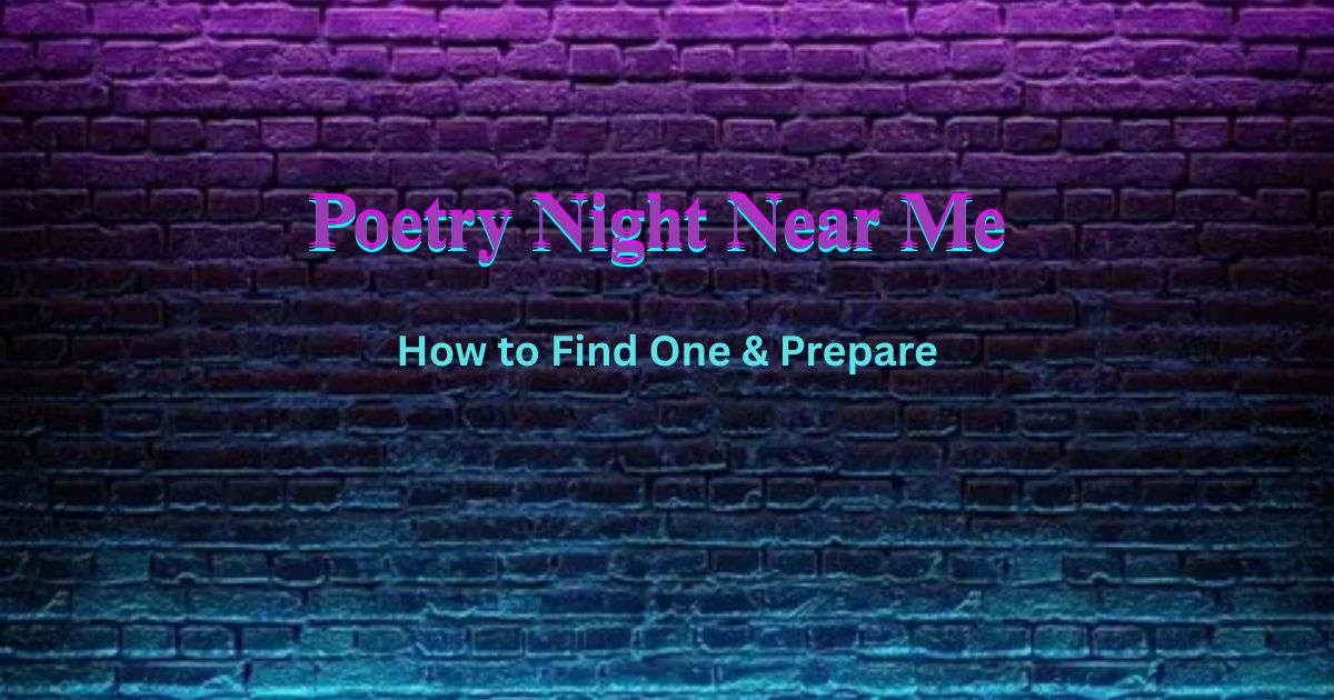 Poetry Night Near Me, neon brick wall graphic for finding local open mic events.