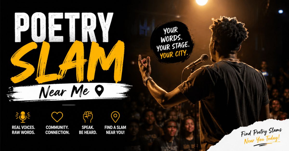 Poetry slam near me event flyer with performer on stage and crowd