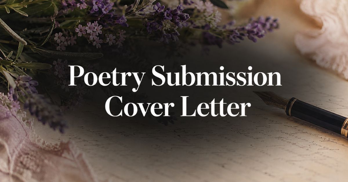 Poetry submission cover letter guide with lavender flowers and handwritten letter background - Poemsteric.