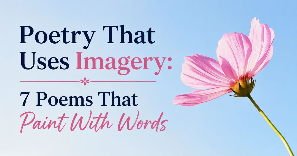 Poetry that uses imagery banner with pink cosmos flower against blue sky