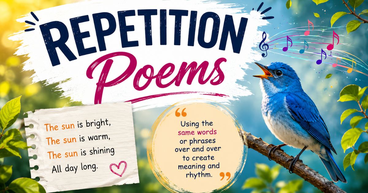 Repetition poems graphic with a singing bluebird and example poem using repeated words
