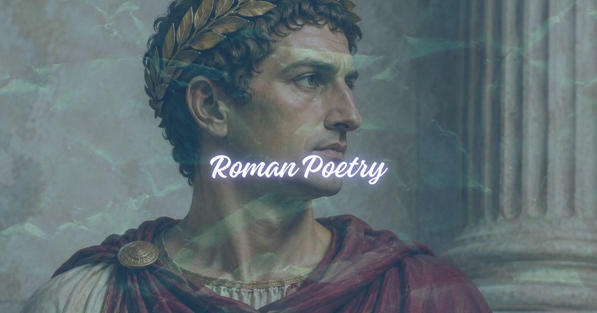 Roman poetry banner with laurel-crowned figure in toga beside classical column