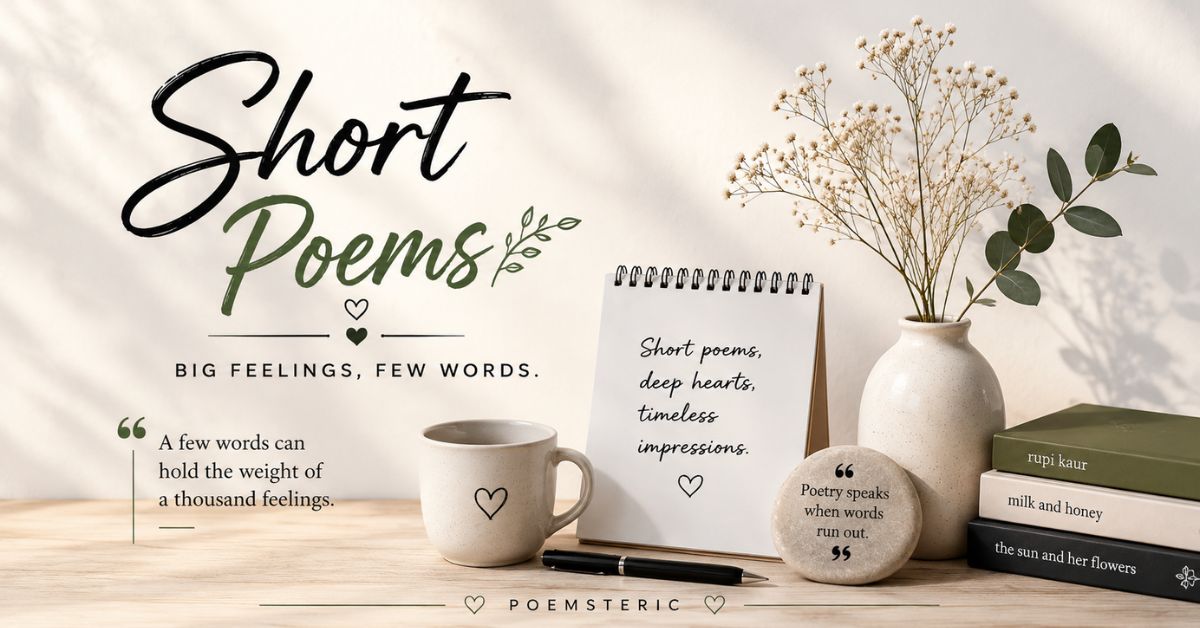 Short poems aesthetic flat lay with notepad quote, stone, and flowers on a desk