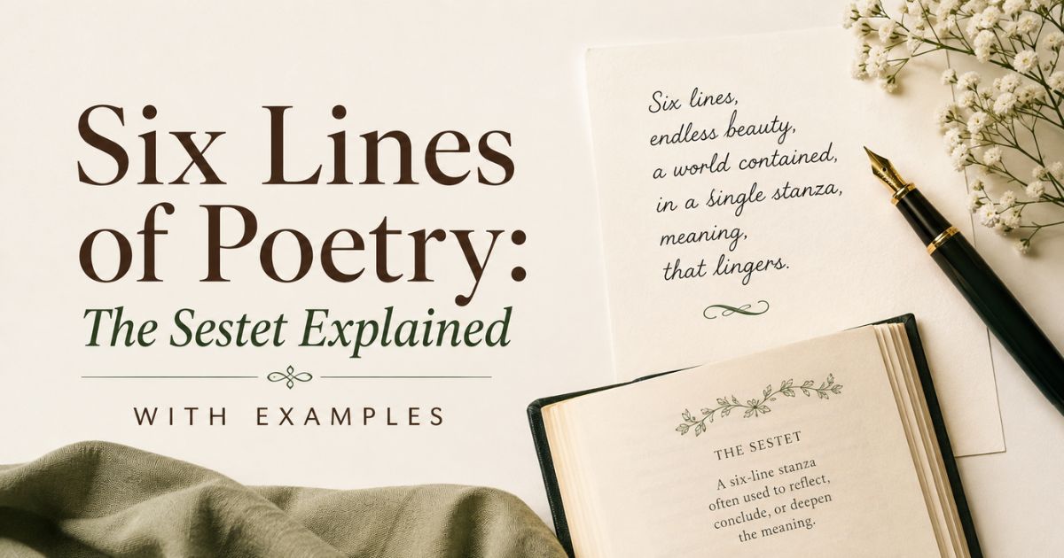 Six lines of poetry titled "The Sestet Explained" with an open book, pen, and handwritten sample verse