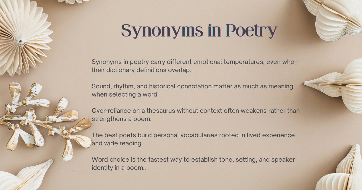 Synonyms in poetry key takeaways infographic with elegant botanical paper art on a warm cream background