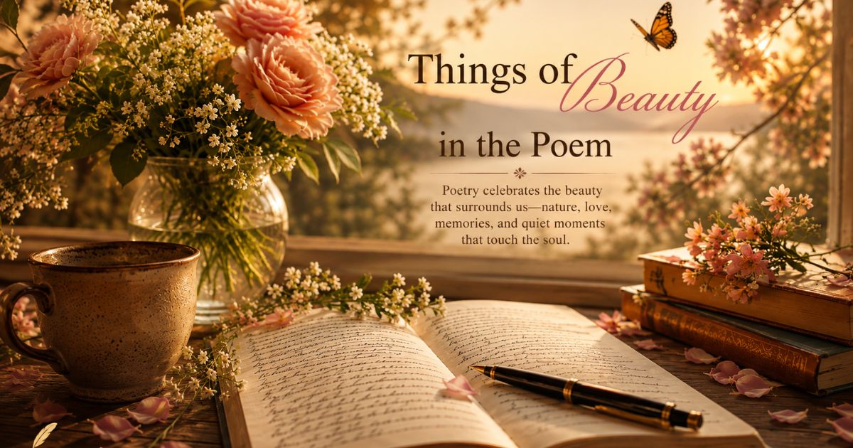 Things of beauty in the poem flowers, books, and pen by a window.