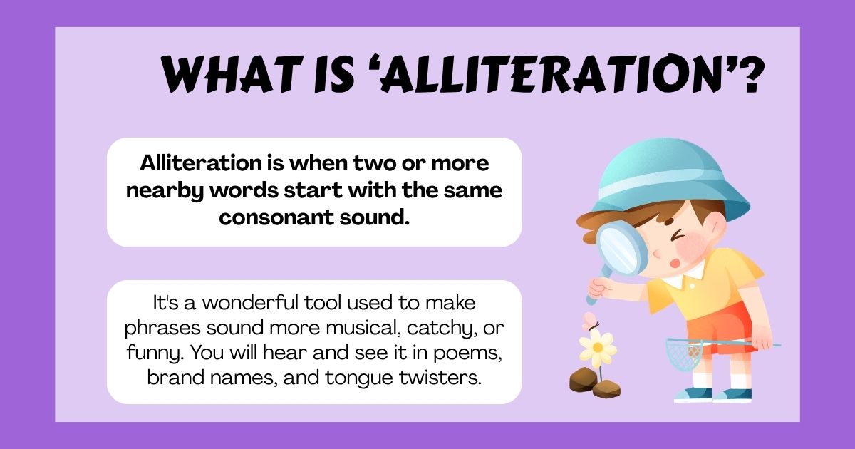 What is alliteration in a poem ? Definition graphic with a boy examining a flower with a magnifying glass.