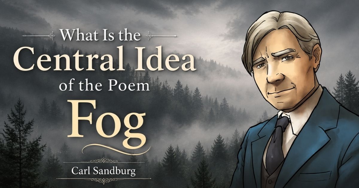 what is the Central idea of the poem Fog by Carl Sandburg – illustrated portrait with foggy forest.