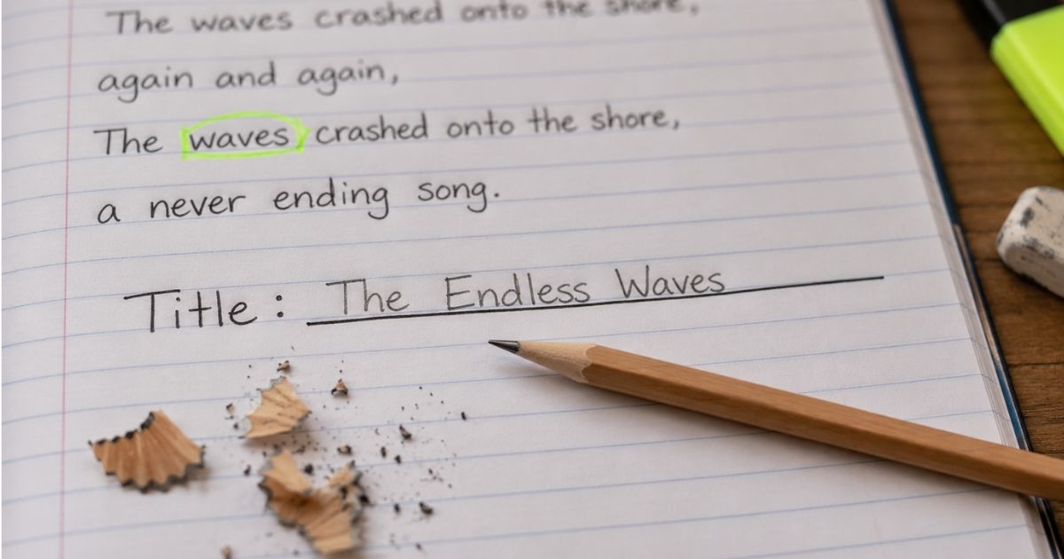 What is the title of the poem – notebook showing repeated word and title answer.