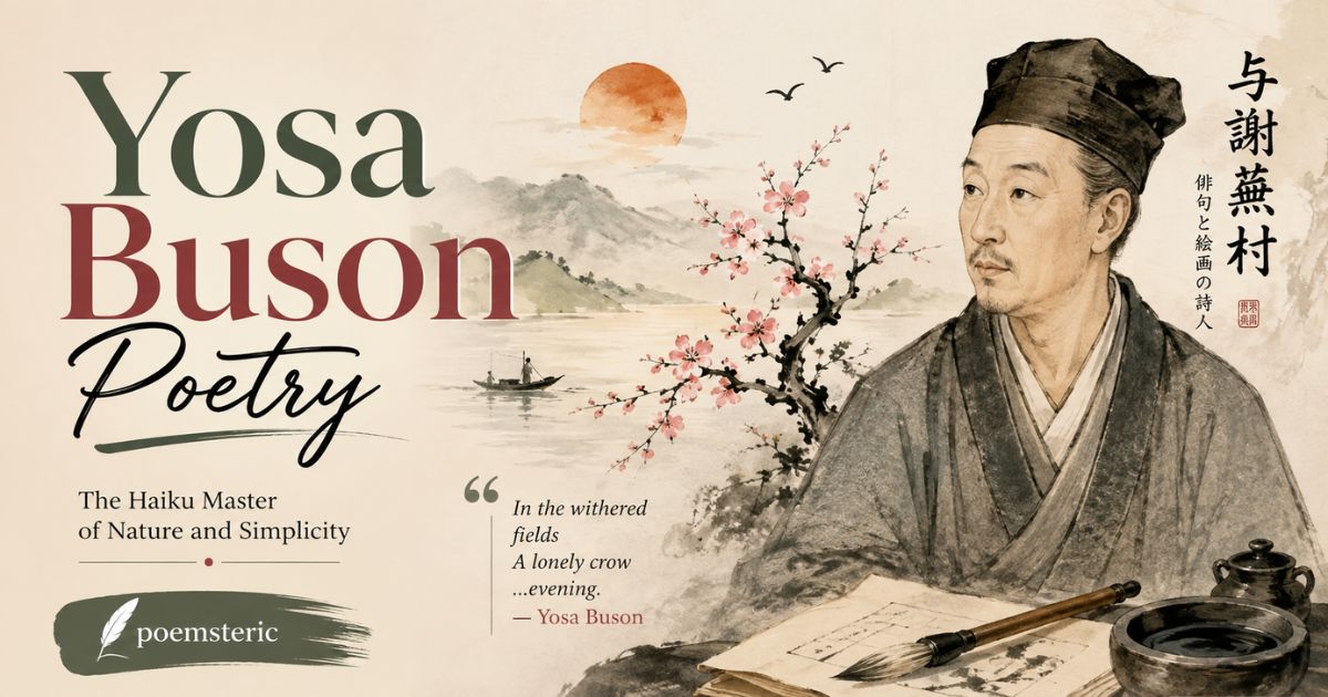 Yosa Buson poetry banner featuring haiku master portrait and cherry blossoms