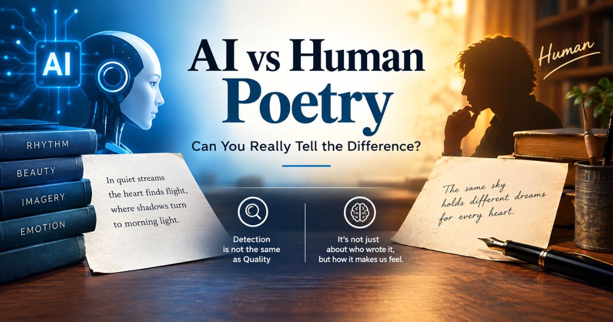 AI vs Human Poetry banner comparing a robot and a person writing, sample verses on notes.