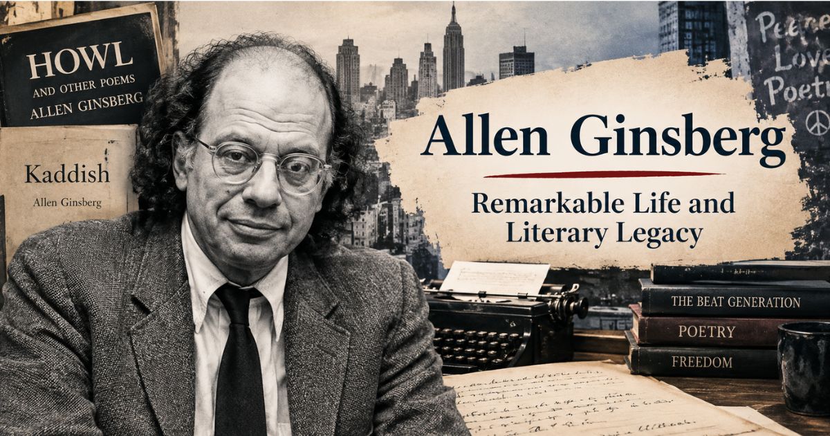 Allen Ginsberg portrait with Howl and Kaddish book covers, typewriter, and New York skyline background.