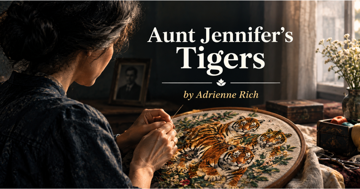 Aunt Jennifers Tiger by Adrienne Rich showing Aunt Jennifer embroidering fearless tigers