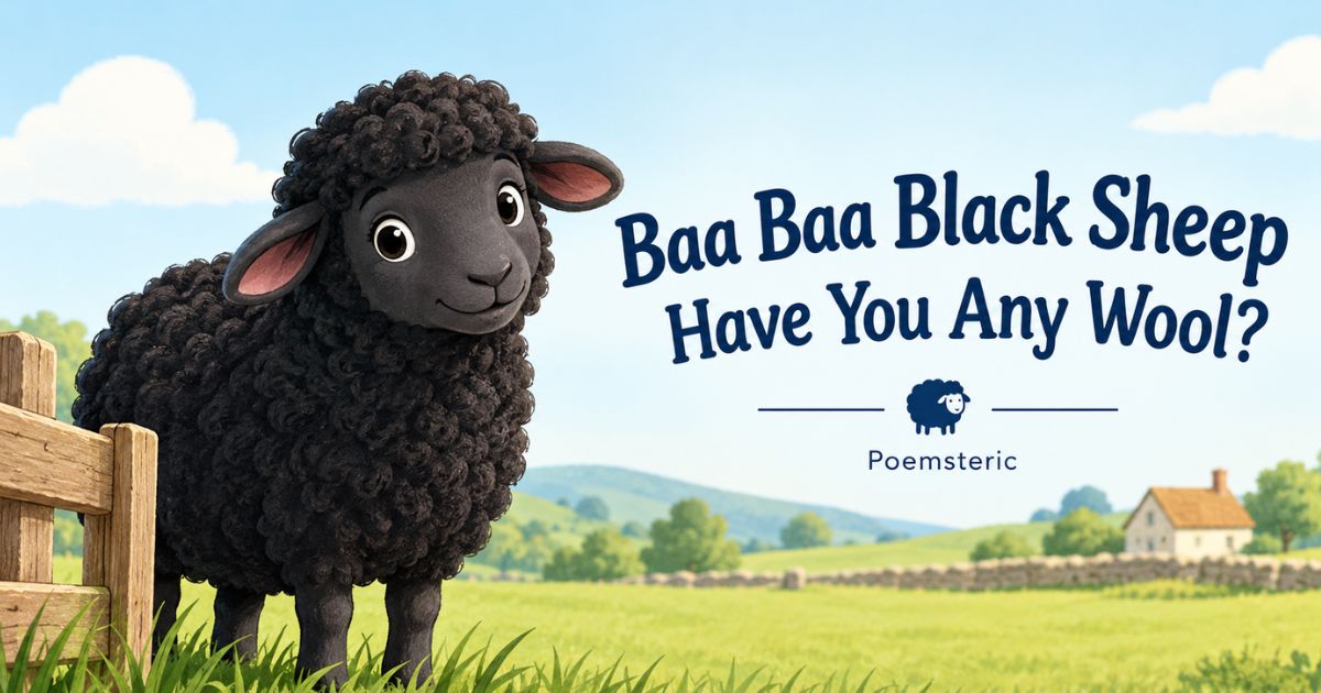 Baa baa black sheep have you any wool poem — friendly black sheep on a farm.