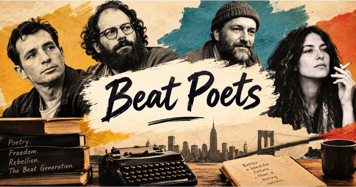 Vintage-style Beat Poets collage with typewriter, books, and New York City skyline.