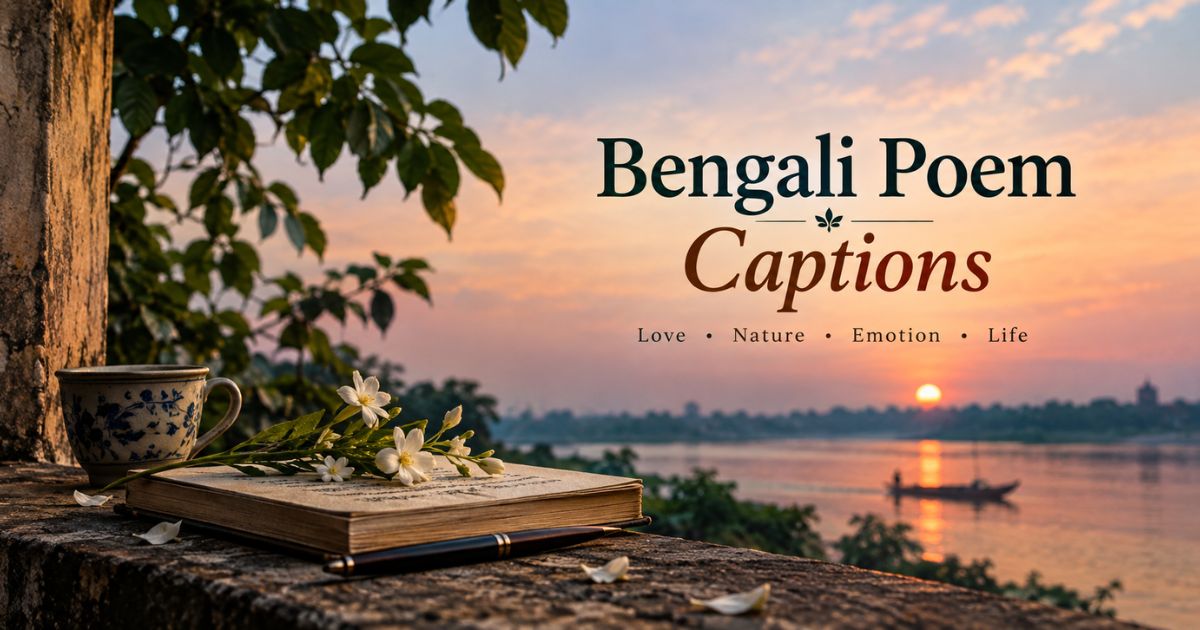 Best Bengali poem captions on love, nature, emotion and life beside a riverside sunset with book and flowers.