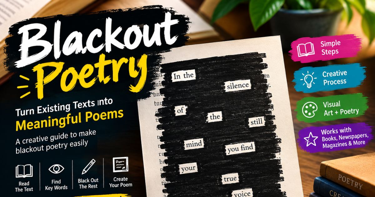 Blackout poetry guide showing 4 steps: read text, find words, black out, create your poem.
