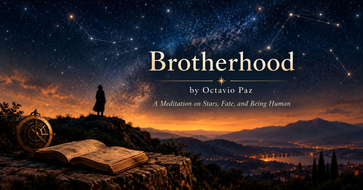 Brotherhood by Octavio Paz poem graphic, silhouetted figure under starry sky with open book.
