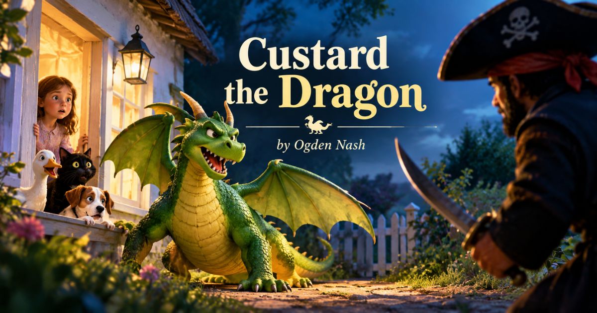 Custard the Dragon facing a pirate while protecting Belinda and her pets.