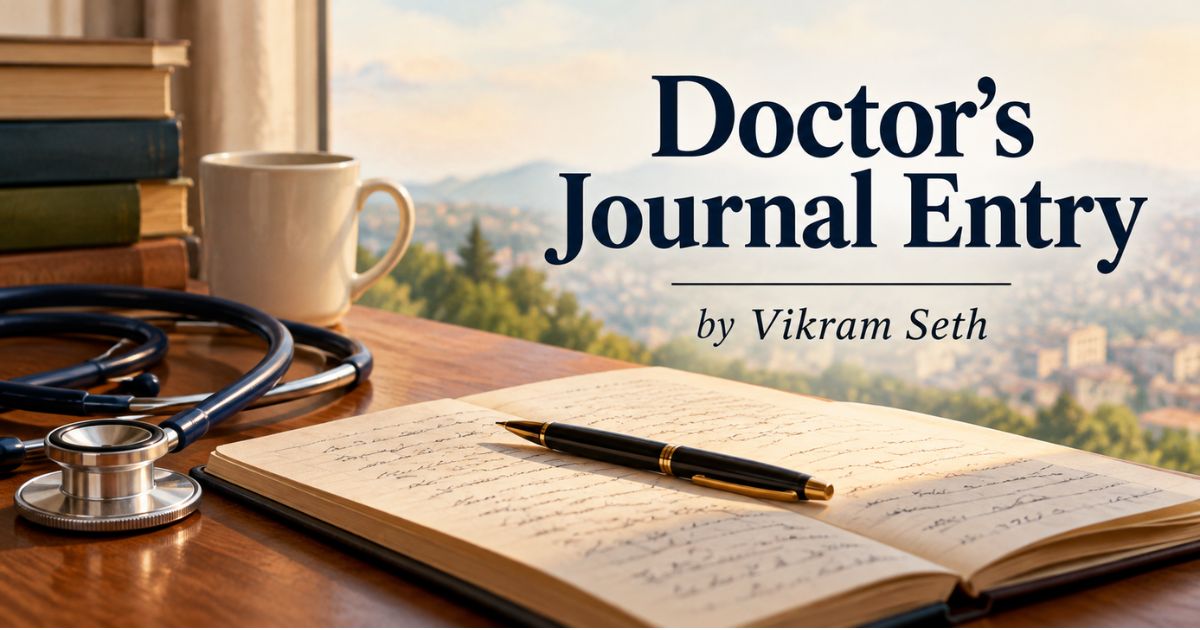 Doctor's Journal Entry poem by Vikram Seth — open handwritten journal with stethoscope on wooden desk.