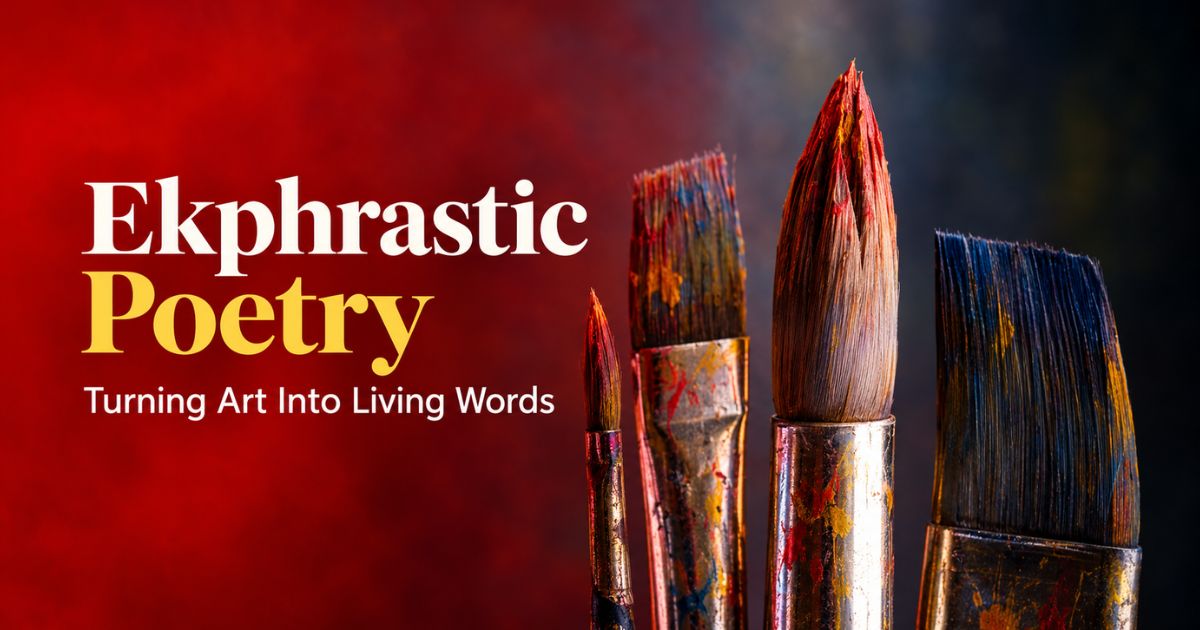 Ekphrastic Poetry banner with paint-stained brushes, Turning Art Into Living Words.