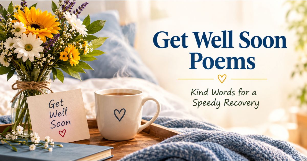 Get well soon card, flowers, and tea tray beside a bed for get well soon poems.